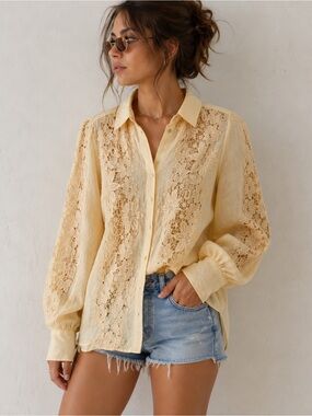 Sundance - Ramie Lace Button Front Floral Lace Blouse - Yellow